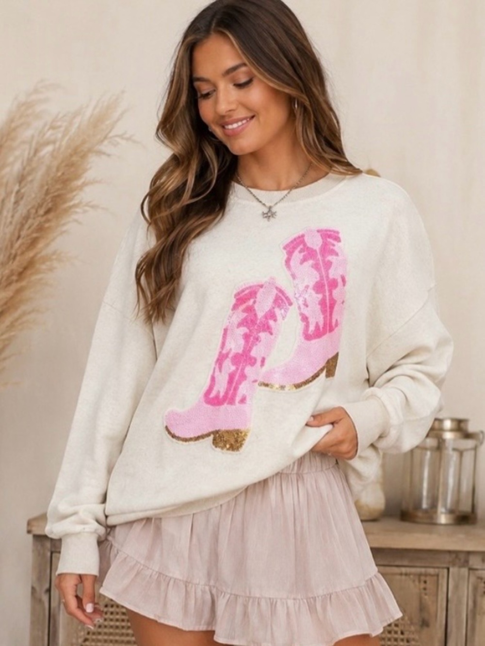 B Famous Pink Sequin Cowgirl Boots Long Sleeve Tee Sweatshirt Women Medium M